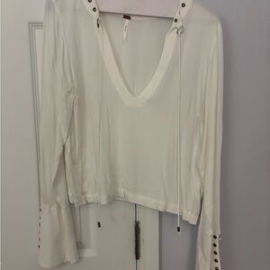 Free People Cream V-Neck Long Sleeve Top with Grommet Detail